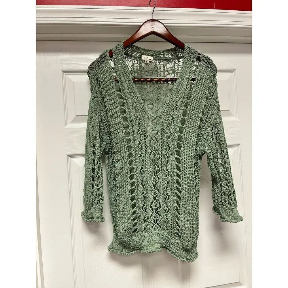 POL Green Open Knit V-Neck Sweater sz S